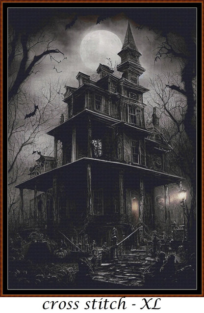 Haunted Mansion cross stitch pattern is a spooky design and is expertly created from art by Hansuan Fabregas under Public Domain CC0 license