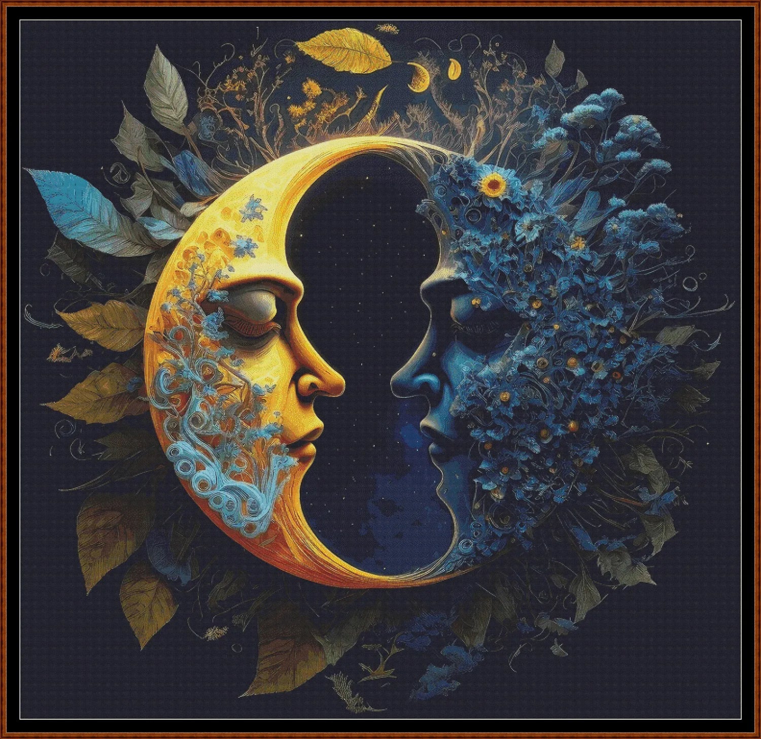 Two Halves Make A Whole cross stitch patterns are a sun and moon design expertly created from art by Gismi under Public Domain CC0 license