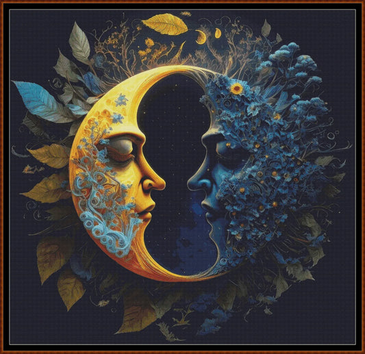 Two Halves Make A Whole cross stitch patterns are a sun and moon design expertly created from art by Gismi under Public Domain CC0 license