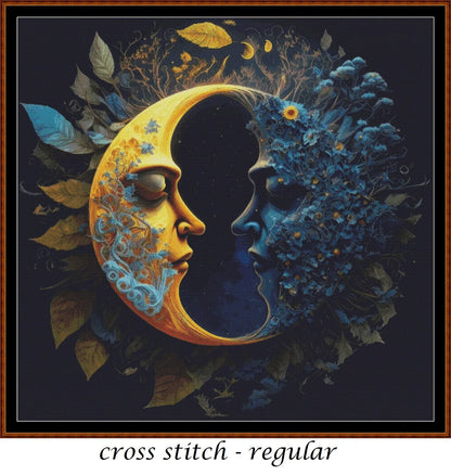 Two Halves Make A Whole cross stitch patterns are a sun and moon design expertly created from art by Gismi under Public Domain CC0 license