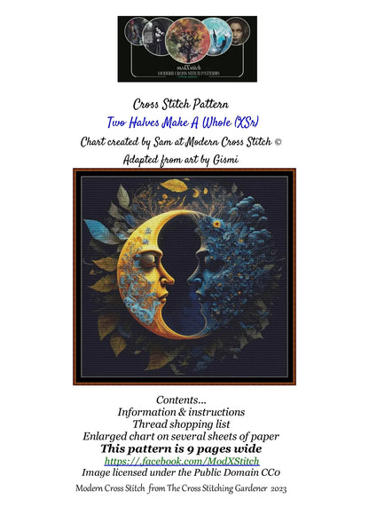 Two Halves Make A Whole cross stitch patterns are a sun and moon design expertly created from art by Gismi under Public Domain CC0 license