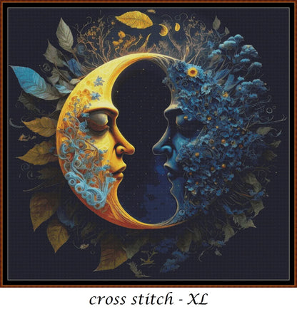 Two Halves Make A Whole cross stitch patterns are a sun and moon design expertly created from art by Gismi under Public Domain CC0 license