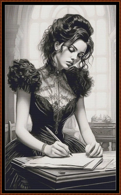 The Note cross stitch pattern is a gothic lady design and is expertly created from art by Dorothe (Darkmoon_Art) under Public Domain CC0 license