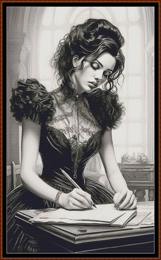 The Note cross stitch pattern is a gothic lady design and is expertly created from art by Dorothe (Darkmoon_Art) under Public Domain CC0 license