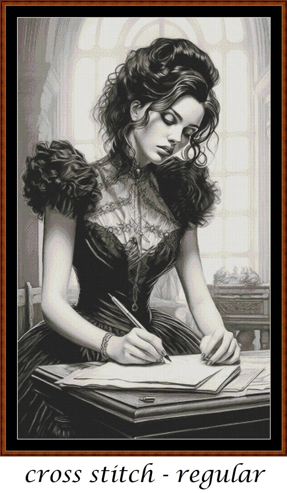 The Note cross stitch pattern is a gothic lady design and is expertly created from art by Dorothe (Darkmoon_Art) under Public Domain CC0 license