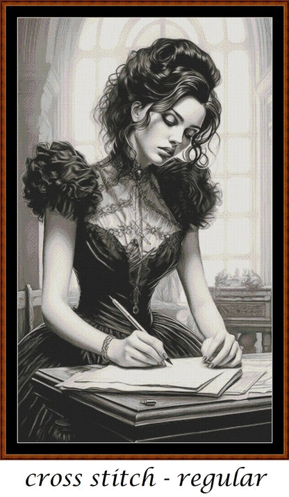 The Note cross stitch pattern is a gothic lady design and is expertly created from art by Dorothe (Darkmoon_Art) under Public Domain CC0 license