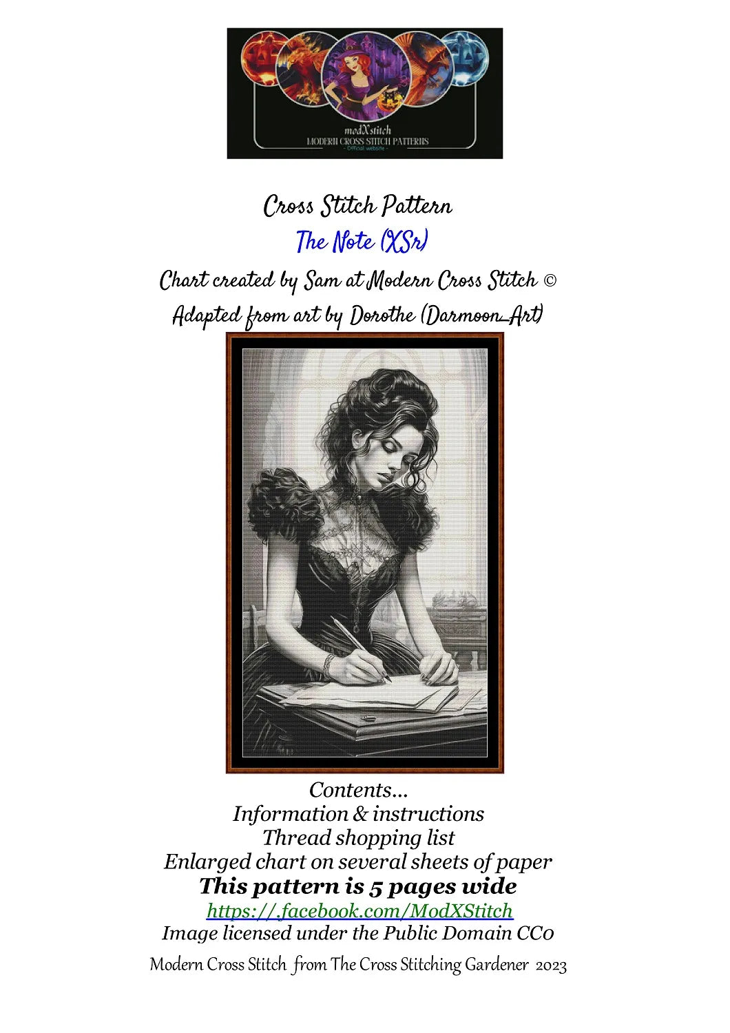 The Note cross stitch pattern is a gothic lady design and is expertly created from art by Dorothe (Darkmoon_Art) under Public Domain CC0 license