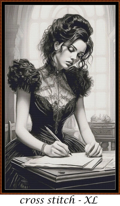 The Note cross stitch pattern is a gothic lady design and is expertly created from art by Dorothe (Darkmoon_Art) under Public Domain CC0 license