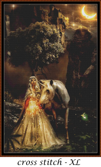 Nighttime Unicorn patterns are expertly created from art by Angeline (firaanella1) under Public Domain CC0 license Nighttime Unicorn is a fantasy scene pattern that comes as a full coverage pattern with no back-stitching. Additionally, Nighttime Unicorn is available in  different design sizes - cross stitch regular & XL Each sale includes both B&W and colour charts