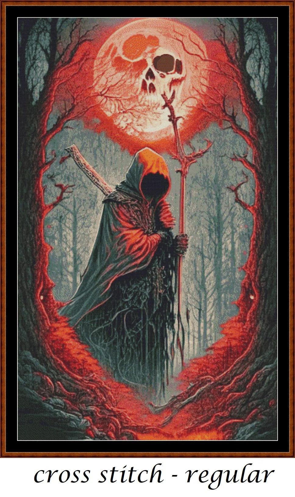 Forest Moon - Red patterns are expertly created from art by Marcia Figg (warlikeone) under Public Domain CC0 license Forest Moon - Red is a fantasy death pattern that comes as a full coverage pattern with no back-stitching.