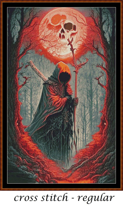 Forest Moon - Red patterns are expertly created from art by Marcia Figg (warlikeone) under Public Domain CC0 license Forest Moon - Red is a fantasy death pattern that comes as a full coverage pattern with no back-stitching.
