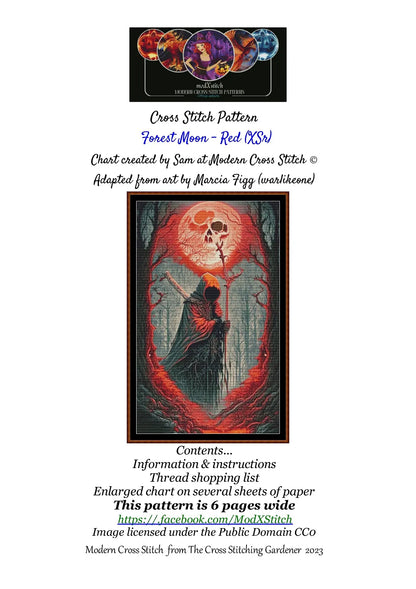 Forest Moon - Red patterns are expertly created from art by Marcia Figg (warlikeone) under Public Domain CC0 license Forest Moon - Red is a fantasy death pattern that comes as a full coverage pattern with no back-stitching.