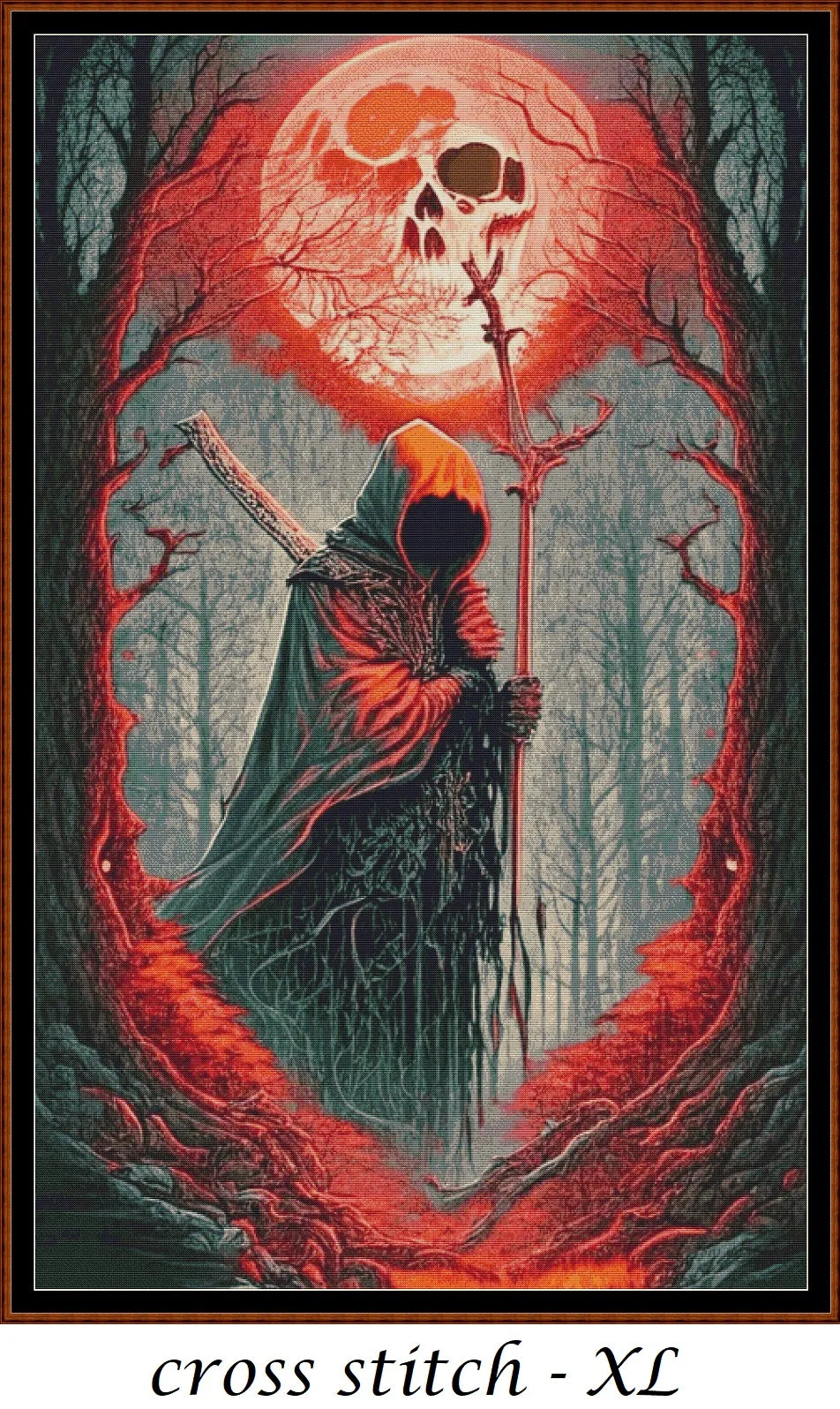 Forest Moon - Red patterns are expertly created from art by Marcia Figg (warlikeone) under Public Domain CC0 license Forest Moon - Red is a fantasy death pattern that comes as a full coverage pattern with no back-stitching.