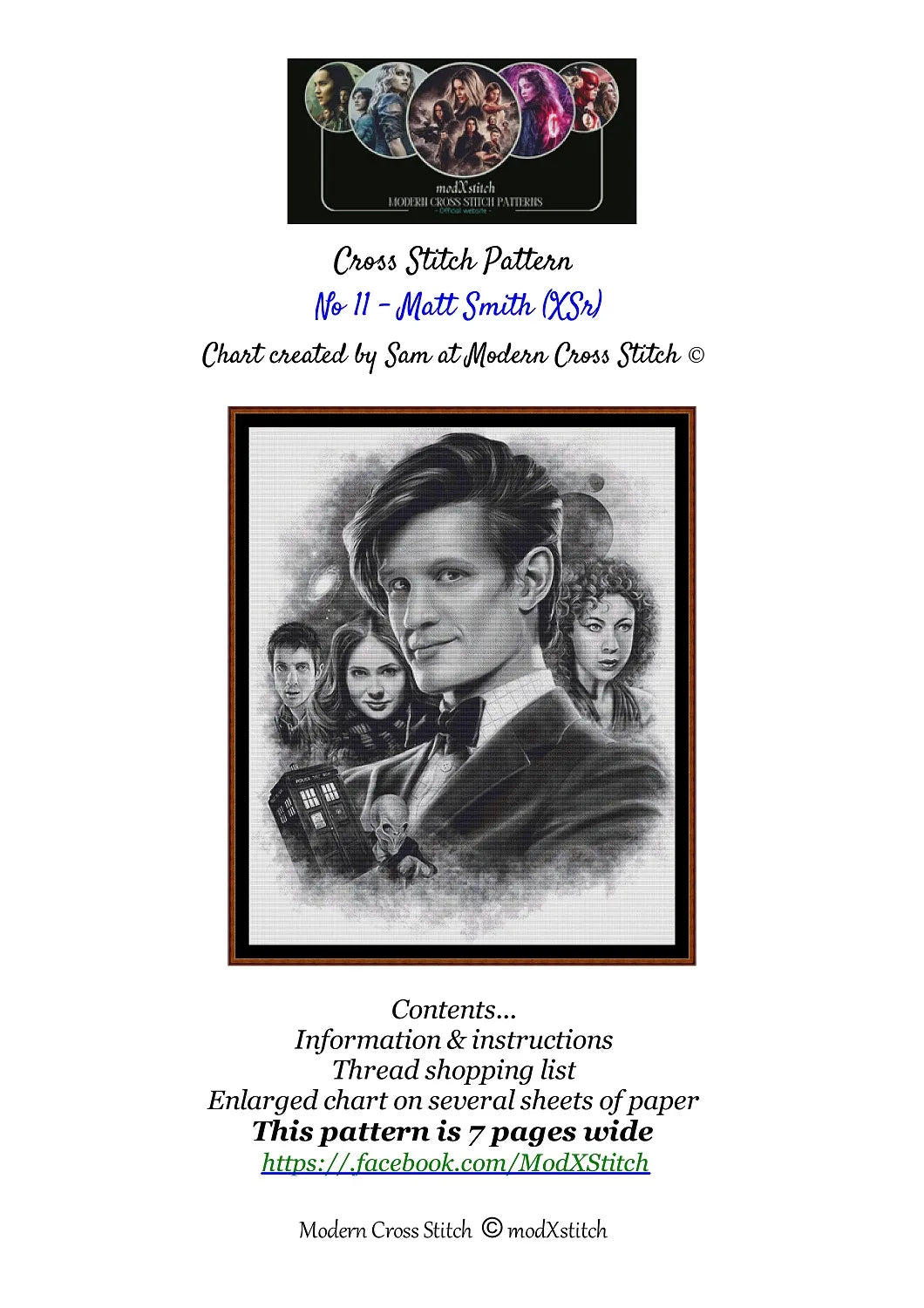 Expertly created cross stitch by Sam,  No 11 - Matt Smith Doctor Who cross stitch patterns.