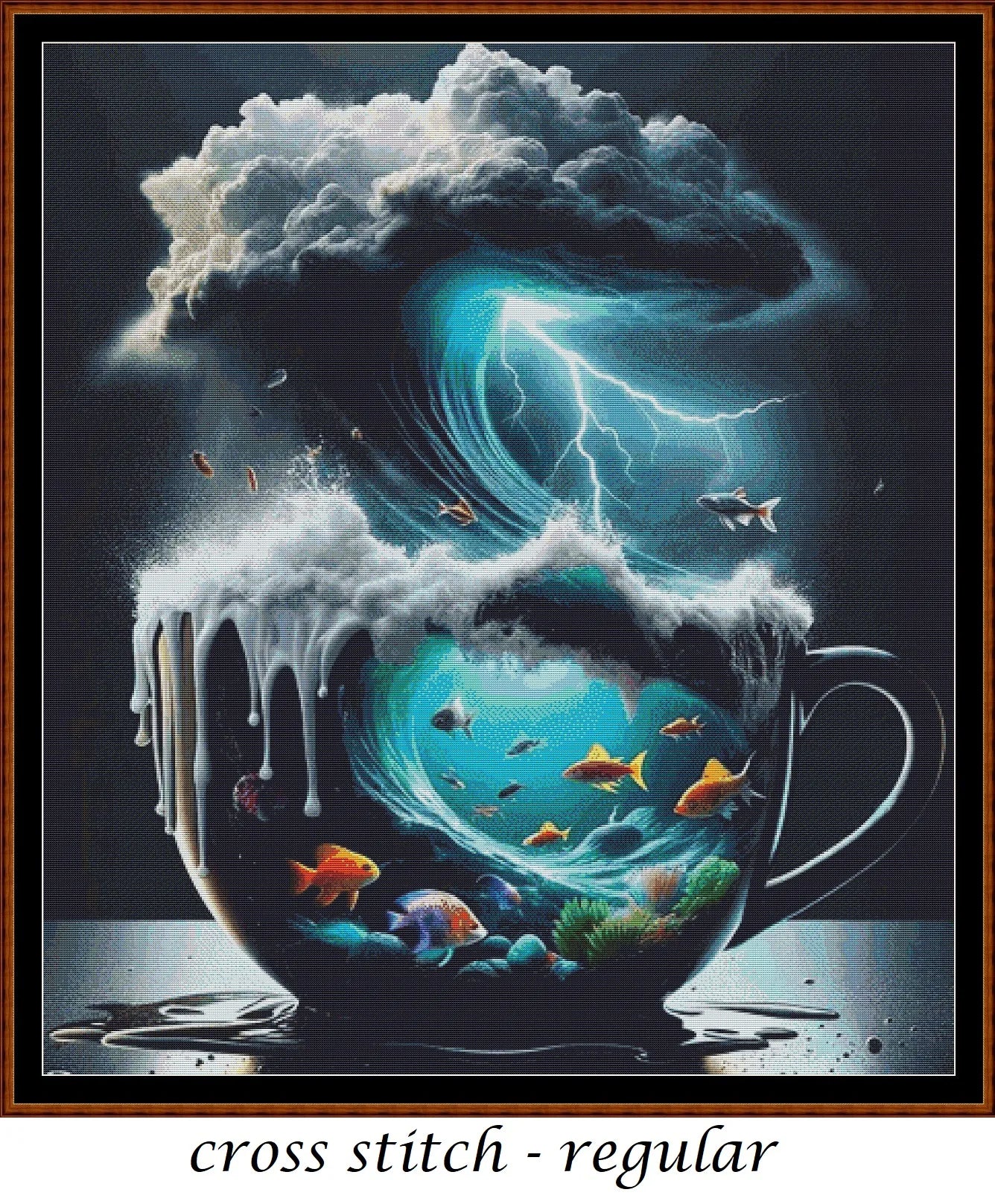 Expertly created from art by Bilal Bashir, under Public Domain CC0 license, Storm In A Teacup cross stitch patterns.