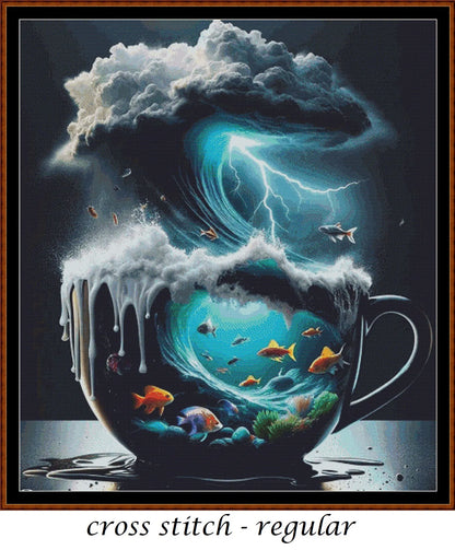 Expertly created from art by Bilal Bashir, under Public Domain CC0 license, Storm In A Teacup cross stitch patterns.