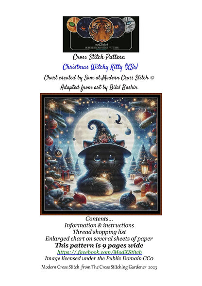 Expertly created from art by Bilal Bashir, under Public Domain CC0 license, Christmas Witchy Kitty cross stitch patterns.
