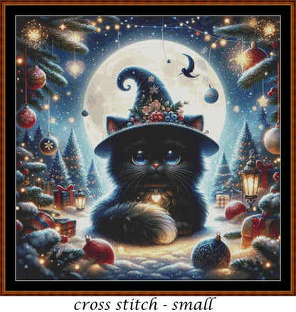 Expertly created from art by Bilal Bashir, under Public Domain CC0 license, Christmas Witchy Kitty cross stitch patterns.