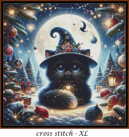 Expertly created from art by Bilal Bashir, under Public Domain CC0 license, Christmas Witchy Kitty cross stitch patterns.