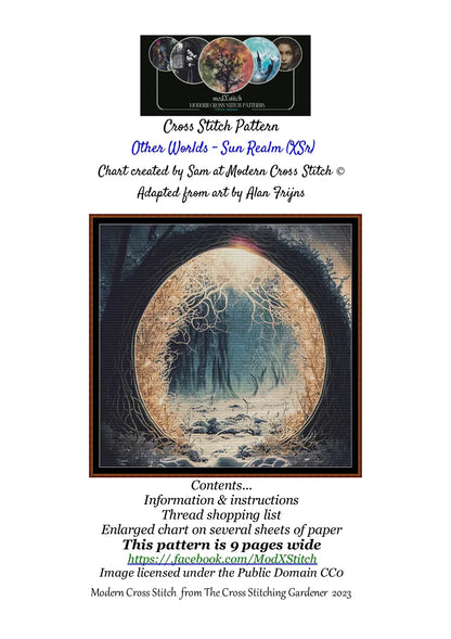 Expertly created from art by Alan Frijins, under Public Domain CC0 license, Other Worlds - Sun Realm cross stitch patterns.