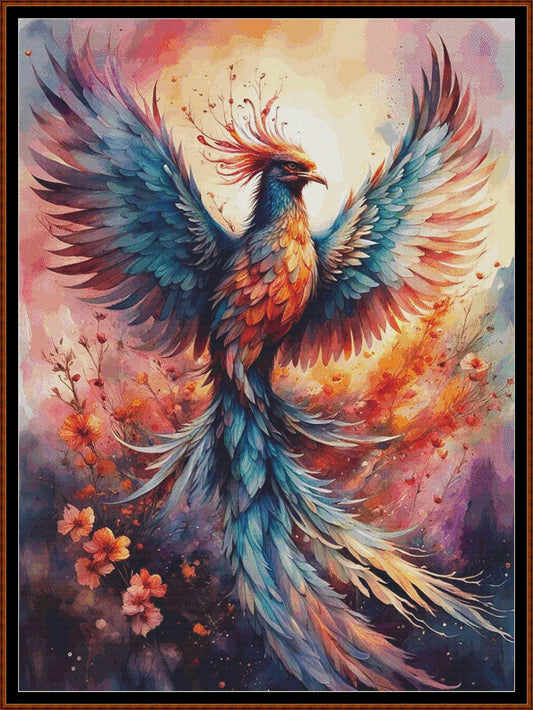 Expertly created from art by Nanne Tiggelman, under Public Domain CC0 license, Rainbow Phoenix cross stitch patterns.