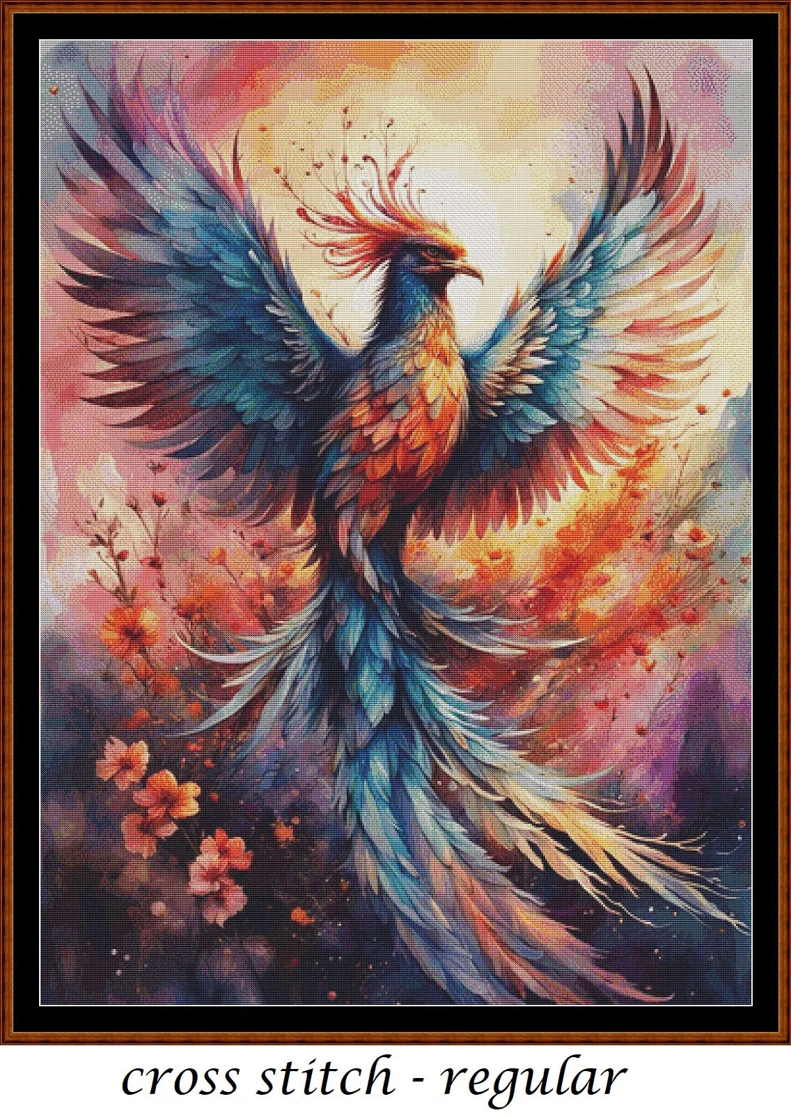 Expertly created from art by Nanne Tiggelman, under Public Domain CC0 license, Rainbow Phoenix cross stitch patterns.