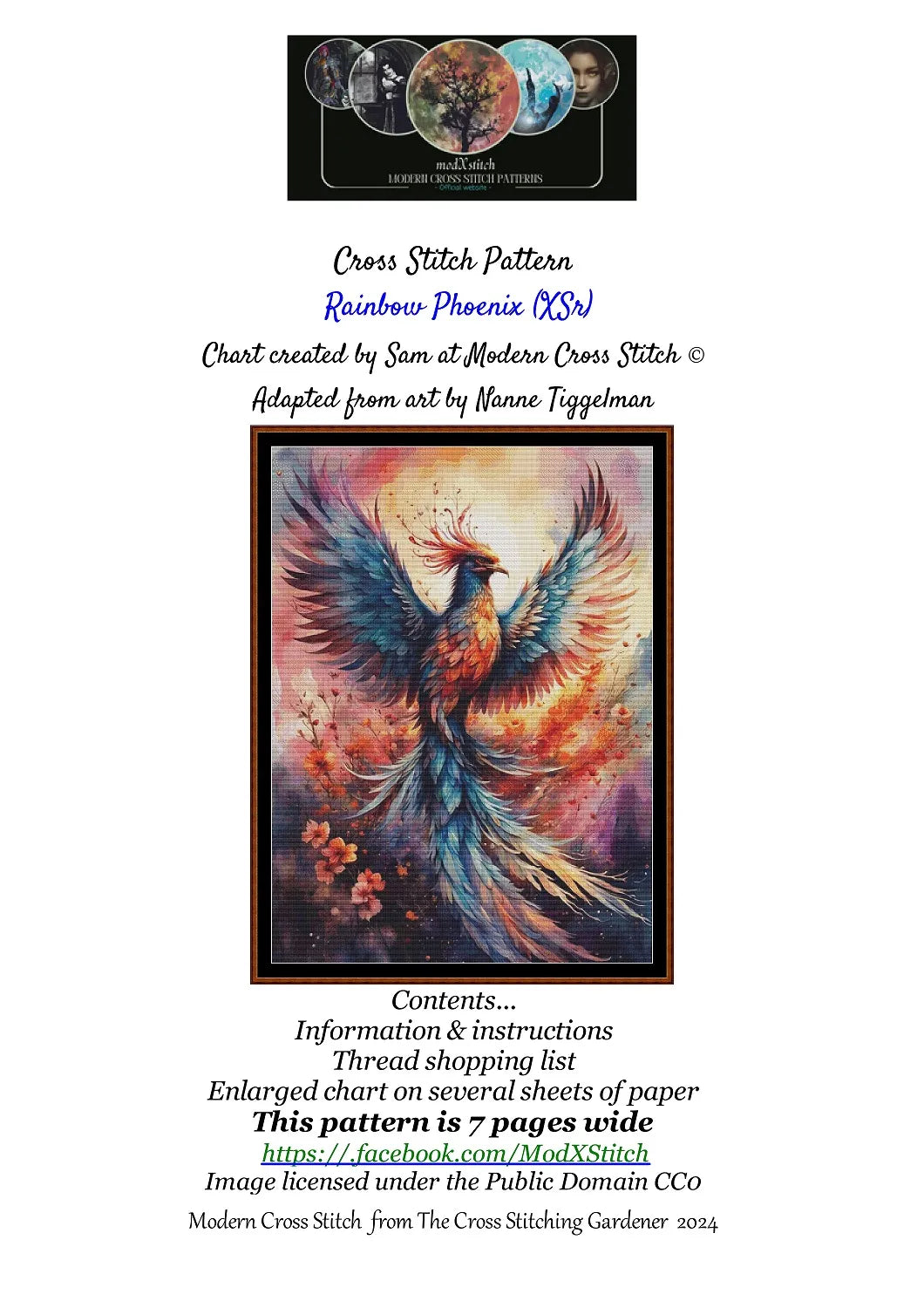 Expertly created from art by Nanne Tiggelman, under Public Domain CC0 license, Rainbow Phoenix cross stitch patterns.