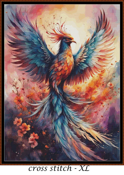 Expertly created from art by Nanne Tiggelman, under Public Domain CC0 license, Rainbow Phoenix cross stitch patterns.