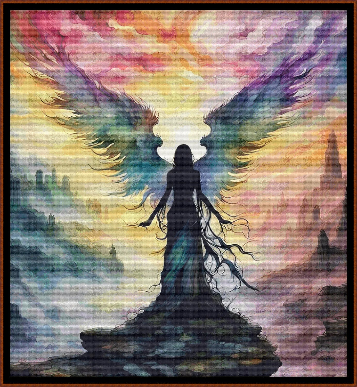 Expertly created from art by Nanne Tiggelman, under Public Domain CC0 license, Rainbow Wings cross stitch patterns.
