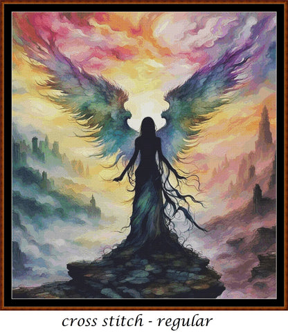 Expertly created from art by Nanne Tiggelman, under Public Domain CC0 license, Rainbow Wings cross stitch patterns.