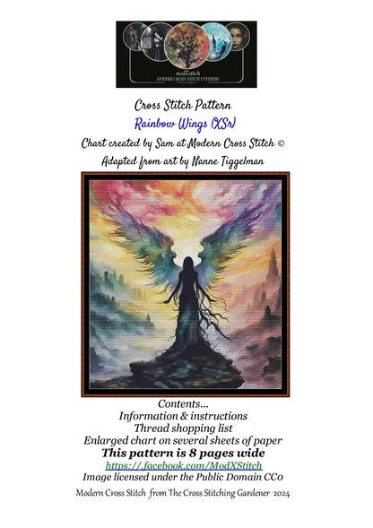 Expertly created from art by Nanne Tiggelman, under Public Domain CC0 license, Rainbow Wings cross stitch patterns.