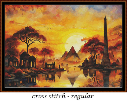 Expertly created from art by Nanne Tiggelman, under Public Domain CC0 license, Monuments cross stitch patterns. Monuments is a fantasy scene cross stitch pattern that comes as a full coverage pattern with no back-stitching. Monuments is available in 2 different design sizes - cross stitch regular & XL And each sale includes both B&W and colour charts