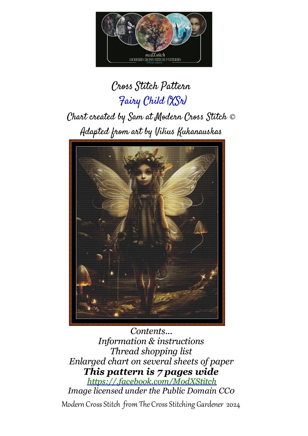 Expertly created from art by Vilius Kuknauskas, under Public Domain CC0 license, Fairy Child cross stitch patterns. Fairy Child is a fantasy scene pattern that comes as a full coverage pattern with no back-stitching. Fairy Child is available in 2 different design sizes - cross stitch regular & XL And each sale includes both B&W and colour charts