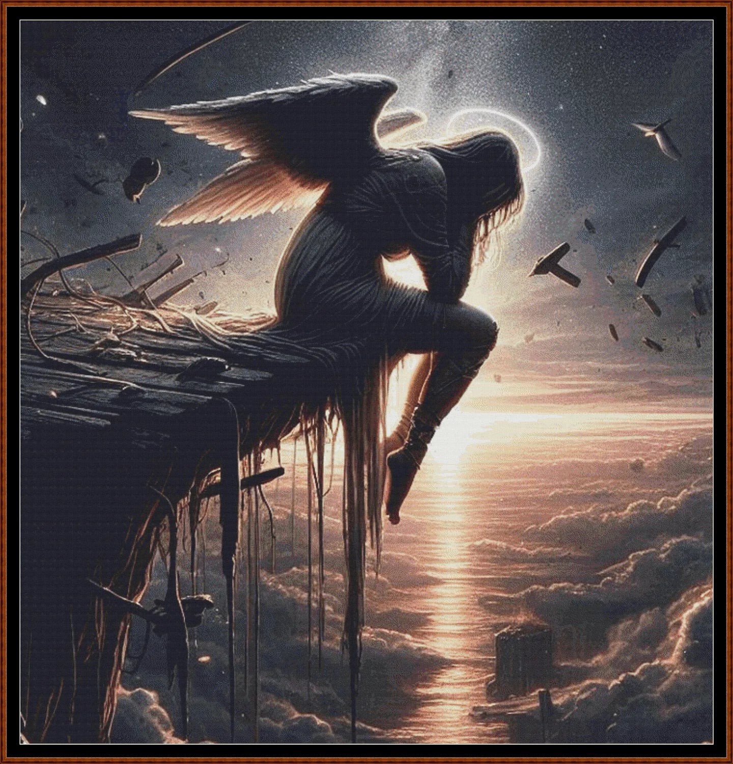 Expertly created from art by Keila Maria, under Public Domain CC0 license, Angel On A Pier's Edge patterns. Angel On A Pier's Edge is a fantasy scene pattern that comes as a full coverage pattern with no back-stitching. Angel On A Pier's Edge is available in 2 different design sizes - cross stitch regular & XL And each sale includes both B&W and colour charts