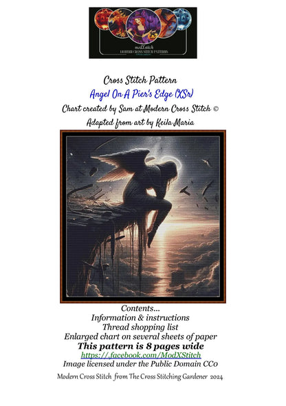 Expertly created from art by Keila Maria, under Public Domain CC0 license, Angel On A Pier's Edge patterns. Angel On A Pier's Edge is a fantasy scene pattern that comes as a full coverage pattern with no back-stitching. Angel On A Pier's Edge is available in 2 different design sizes - cross stitch regular & XL And each sale includes both B&W and colour charts