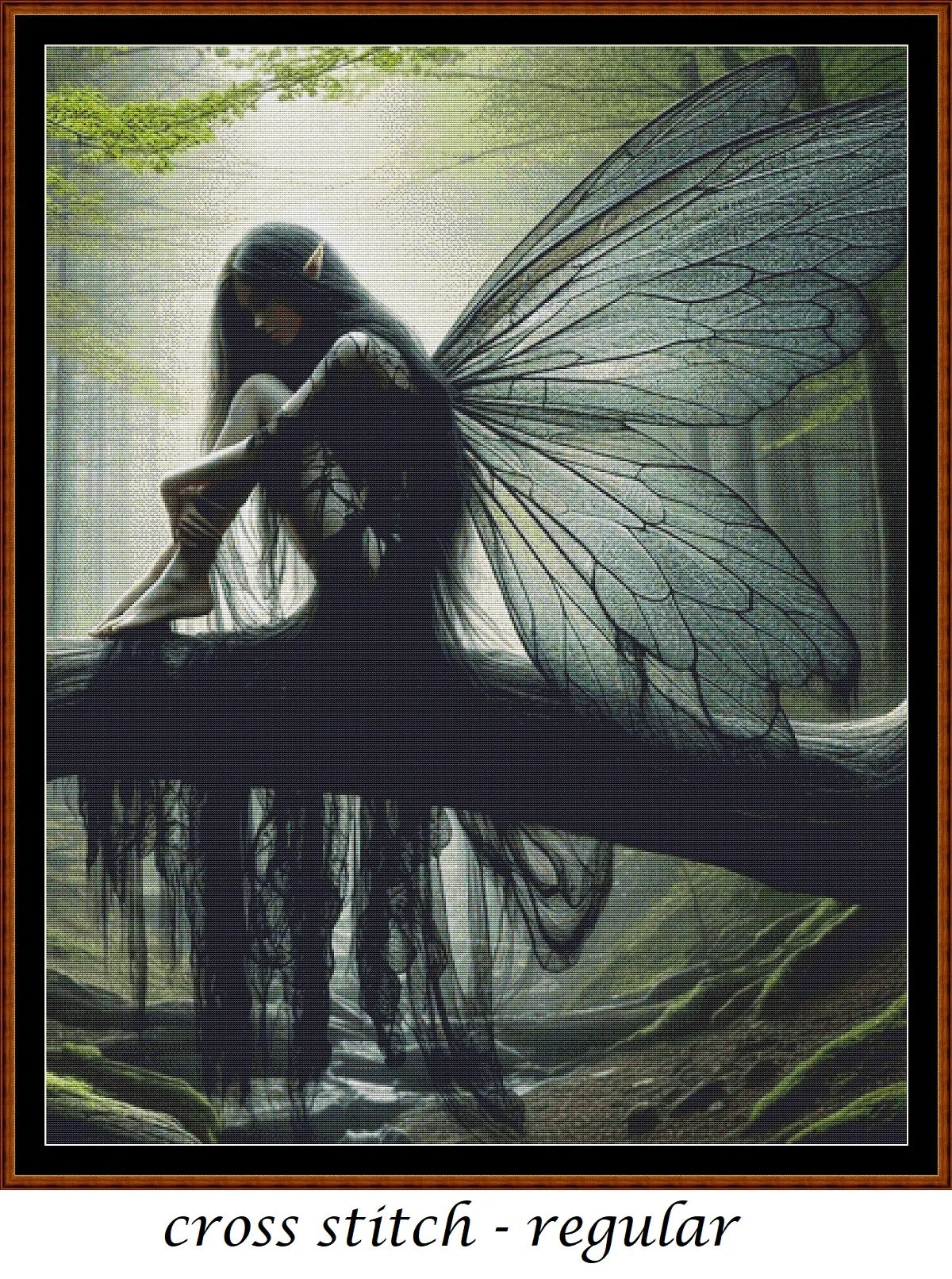 Expertly created from art by Ennaej, under Public Domain CC0 license,Dark Fairy patterns. Dark Fairy is a fantasy scene pattern that comes as a full coverage pattern with no back-stitching. Additionally, Dark Fairy  is available in 2 different design sizes - cross stitch regular & XL And each sale includes both B&W and colour charts