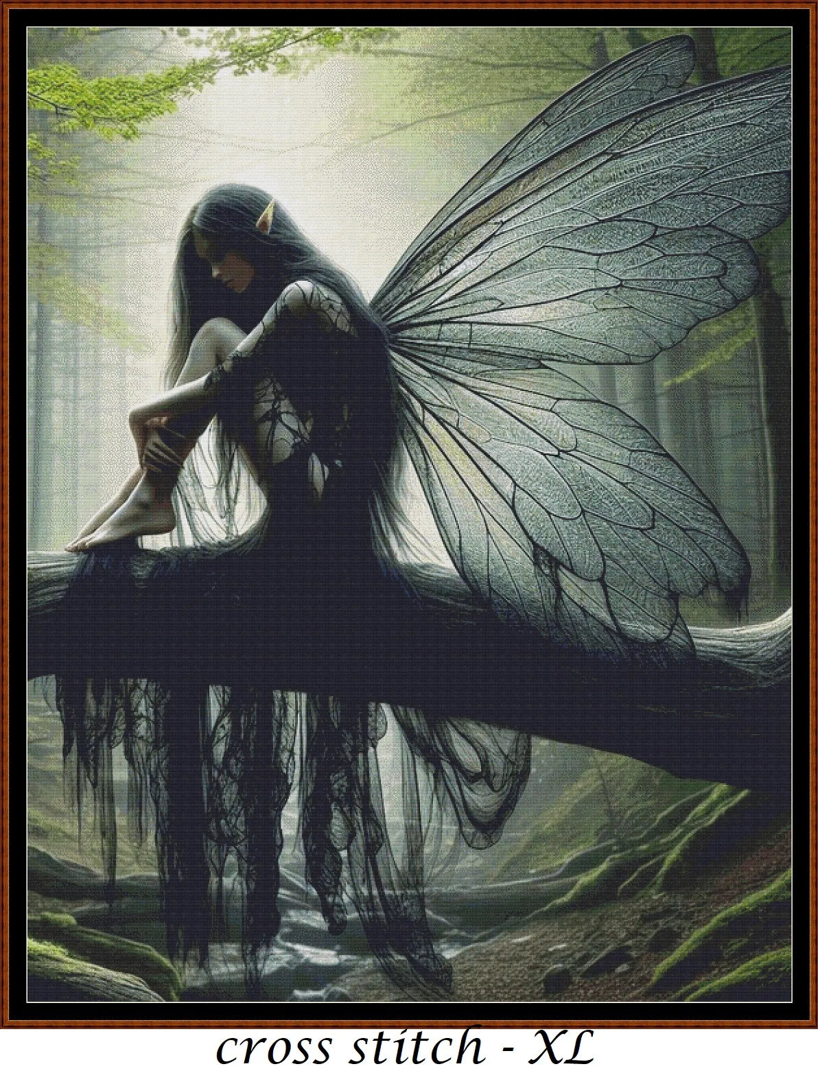 Expertly created from art by Ennaej, under Public Domain CC0 license,Dark Fairy patterns. Dark Fairy is a fantasy scene pattern that comes as a full coverage pattern with no back-stitching. Additionally, Dark Fairy  is available in 2 different design sizes - cross stitch regular & XL And each sale includes both B&W and colour charts