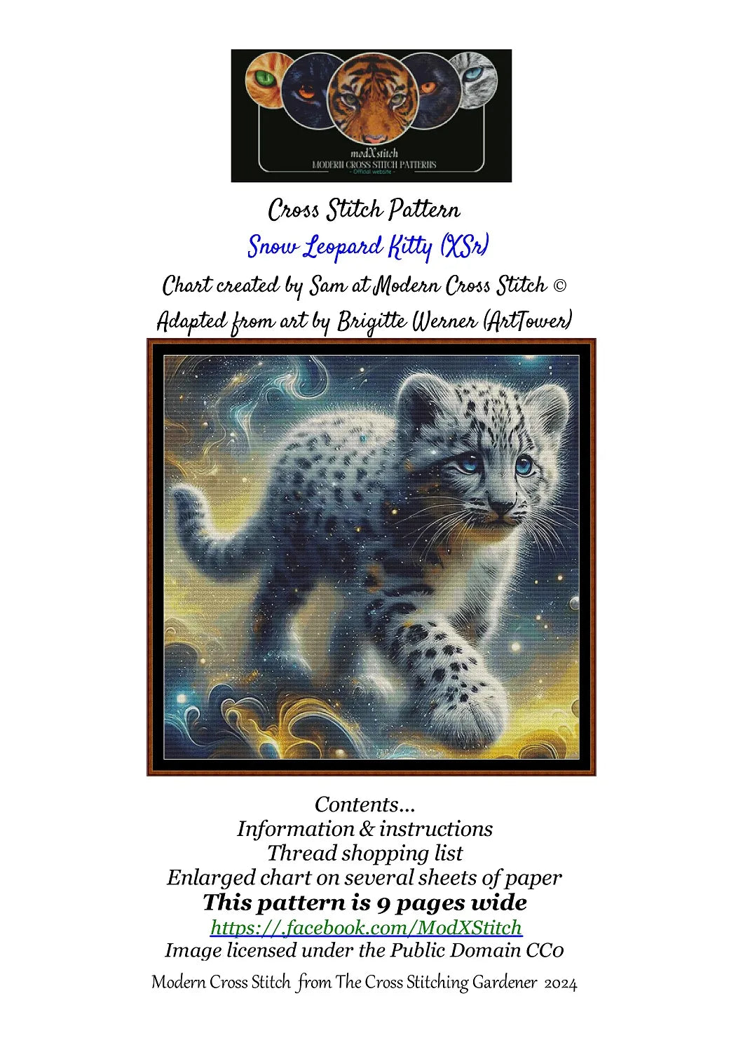 Expertly created from art by Brigitte Werner, under Public Domain CC0 license, Snow Leopard Kitty patterns. Snow Leopard Kitty is a cute feline cross stitch pattern that comes as a full coverage pattern with no back-stitching. Additionally, Snow Leopard Kitty is available in 2 different design sizes - cross stitch regular & XL And each sale includes both B&W and colour charts