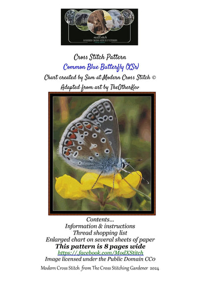 Expertly created from art by TheOtherKev, under Public Domain CC0 license, Common Blue Butterfly patterns. Common Blue Butterfly is a feline art pattern that comes as a full coverage pattern with no back-stitching. Additionally, Common Blue Butterfly is available in 2 different design sizes - cross stitch regular & XL And each sale includes both B&W and colour charts