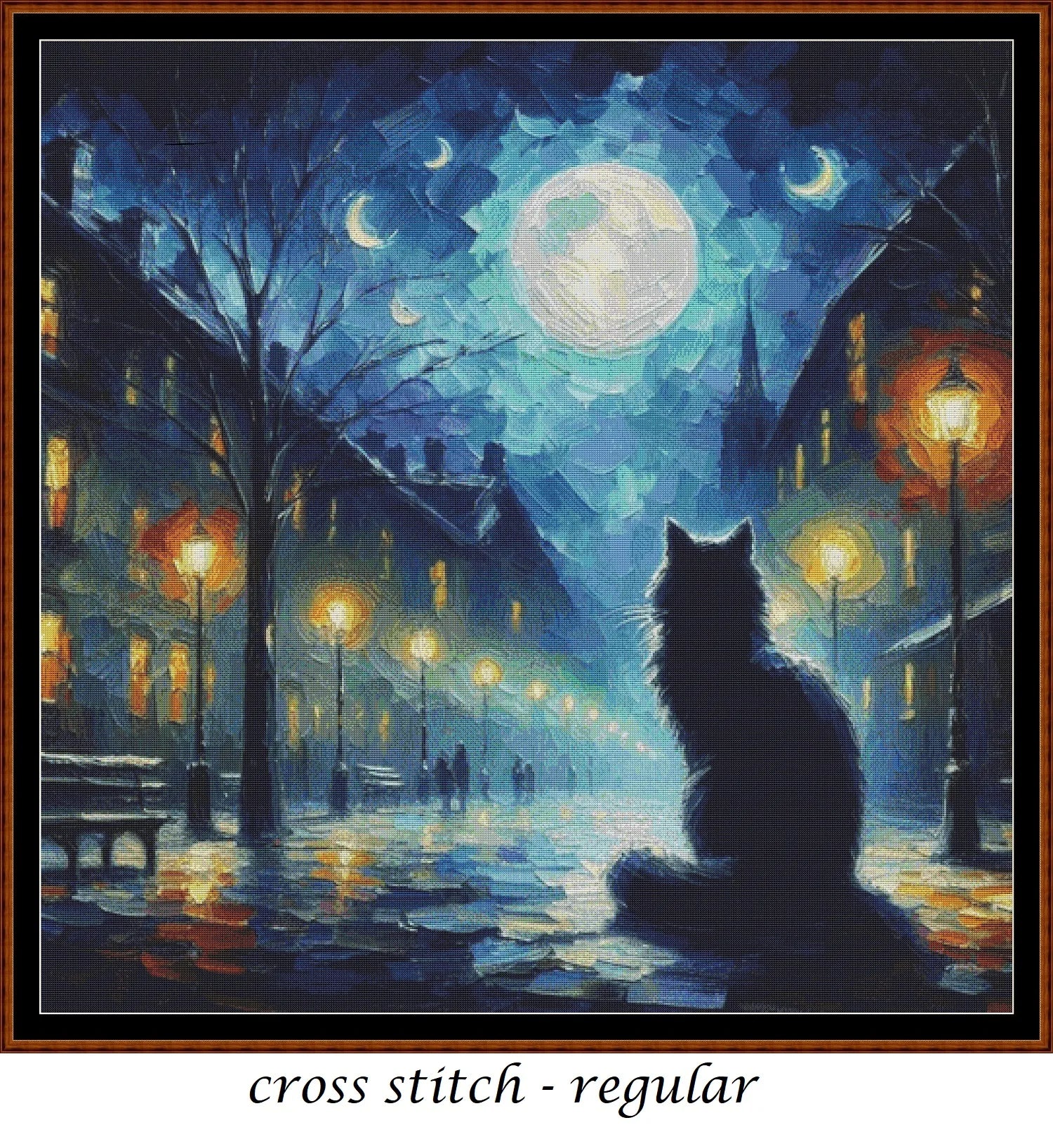 Expertly created from art by Asayuki, under Public Domain CC0 license, Cat In The Moonlight patterns. Cat In The Moonlight is a feline art pattern that comes as a full coverage pattern with no back-stitching. Additionally, Cat In The Moonlight is available in 2 different design sizes - cross stitch regular & XL And each sale includes both B&W and colour charts