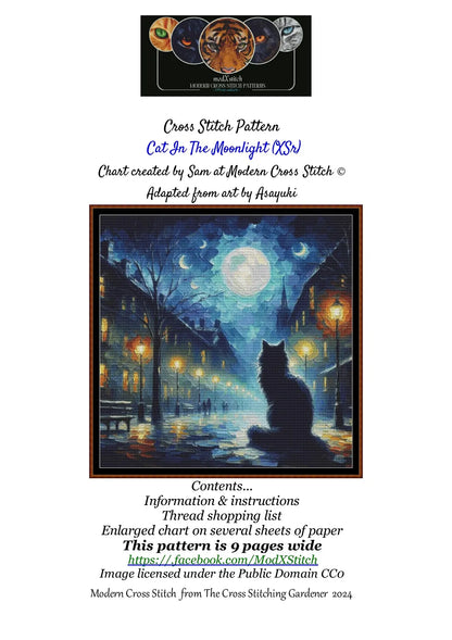 Expertly created from art by Asayuki, under Public Domain CC0 license, Cat In The Moonlight patterns. Cat In The Moonlight is a feline art pattern that comes as a full coverage pattern with no back-stitching. Additionally, Cat In The Moonlight is available in 2 different design sizes - cross stitch regular & XL And each sale includes both B&W and colour charts