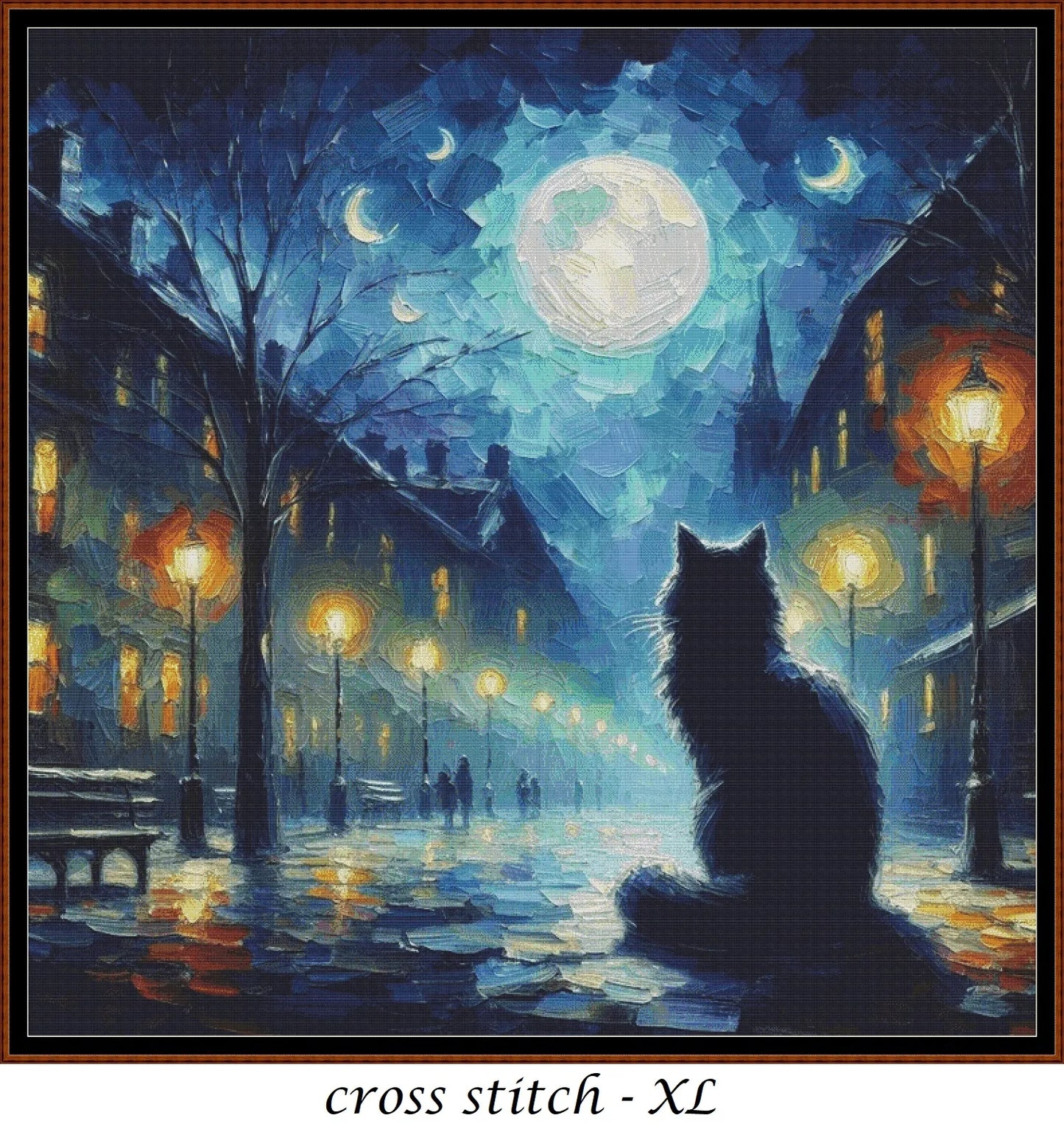 Expertly created from art by Asayuki, under Public Domain CC0 license, Cat In The Moonlight patterns. Cat In The Moonlight is a feline art pattern that comes as a full coverage pattern with no back-stitching. Additionally, Cat In The Moonlight is available in 2 different design sizes - cross stitch regular & XL And each sale includes both B&W and colour charts