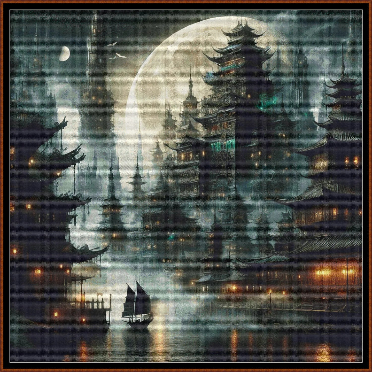Expertly created from art by Asayuki, under Public Domain CC0 license, Lunar Port patterns. Lunar Port is a fantasy scifi pattern that comes as a full coverage pattern with no back-stitching. Additionally, Lunar Port is available in 2 different design sizes - cross stitch regular & XL And each sale includes both B&W and colour charts