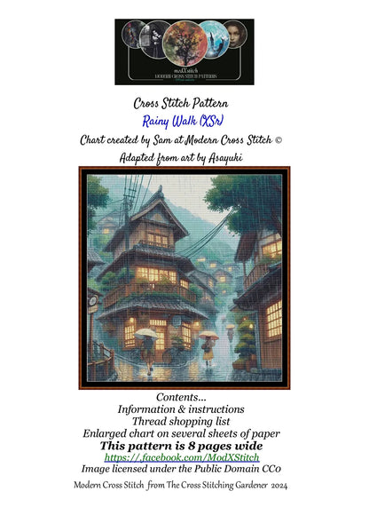 Expertly created from art by Asayuki, under Public Domain CC0 license, Rainy Walk patterns. Rainy Walk is a fantasy oriental village pattern that comes as a full coverage pattern with no back-stitching. Additionally, Rainy Walk is available in 2 different design sizes - cross stitch regular & XL And each sale includes both B&W and colour charts