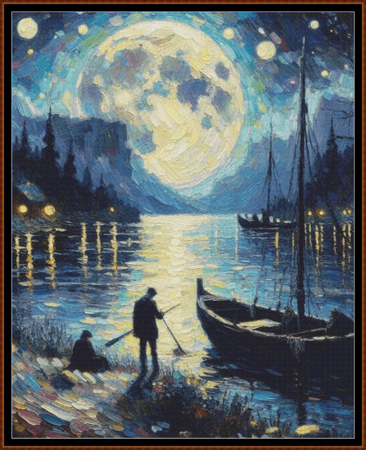 Expertly created from art by Asayuki, under Public Domain CC0 license, Lunar Fishing patterns. Lunar Fishing is a fantasy scene pattern that comes as a full coverage pattern with no back-stitching. Additionally, Lunar Fishing is available in 2 different design sizes - cross stitch regular & XL And each sale includes both B&W and colour charts