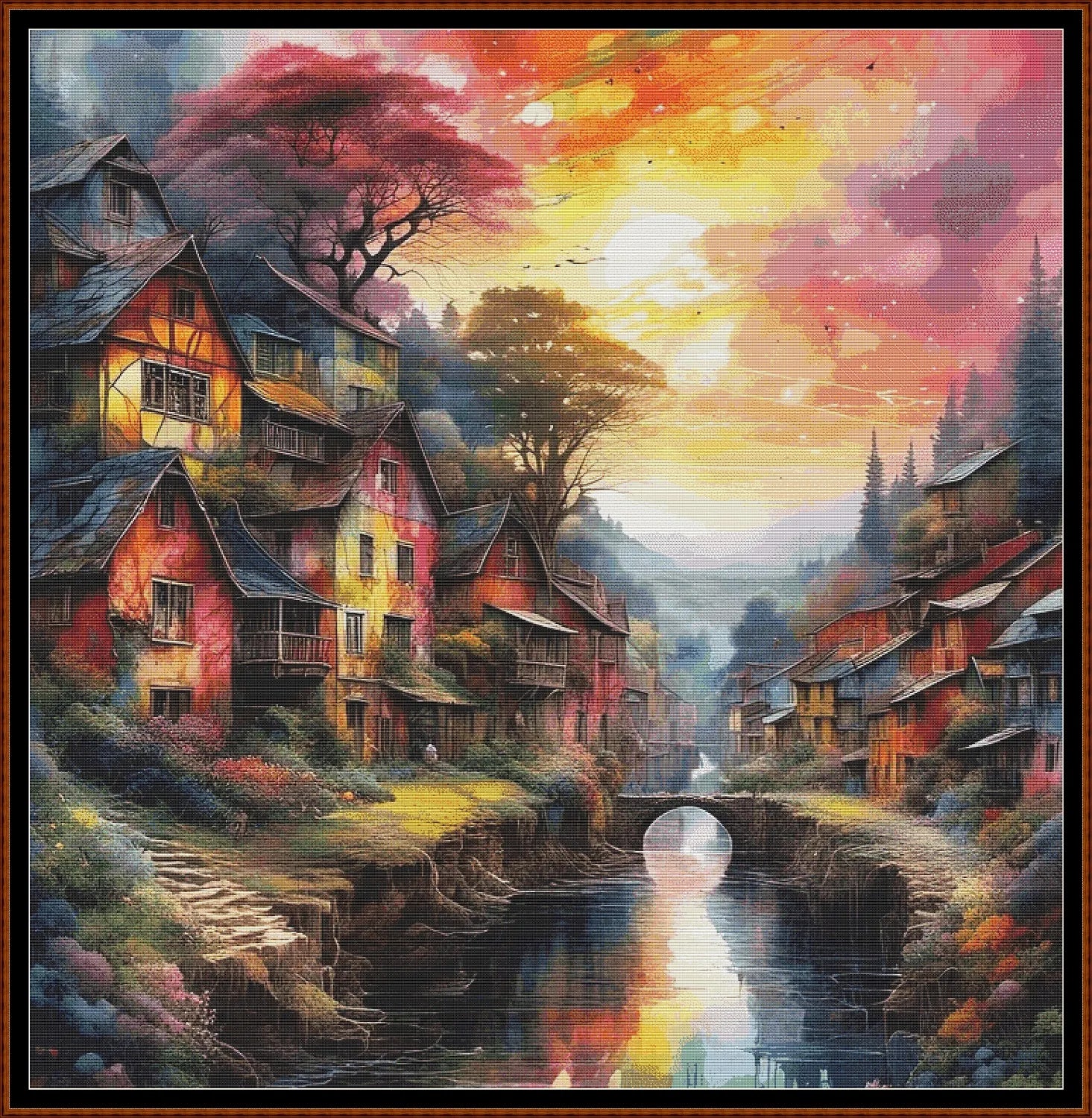 Expertly created from art by Nanne Tiggelman, under Public Domain CC0 license, Sunset On A River patterns. Sunset On A River is a fantasy scene pattern that comes as a full coverage pattern with no back-stitching. Additionally, Sunset On A River is available in 2 different design sizes - cross stitch regular & XL And each sale includes both B&W and colour charts