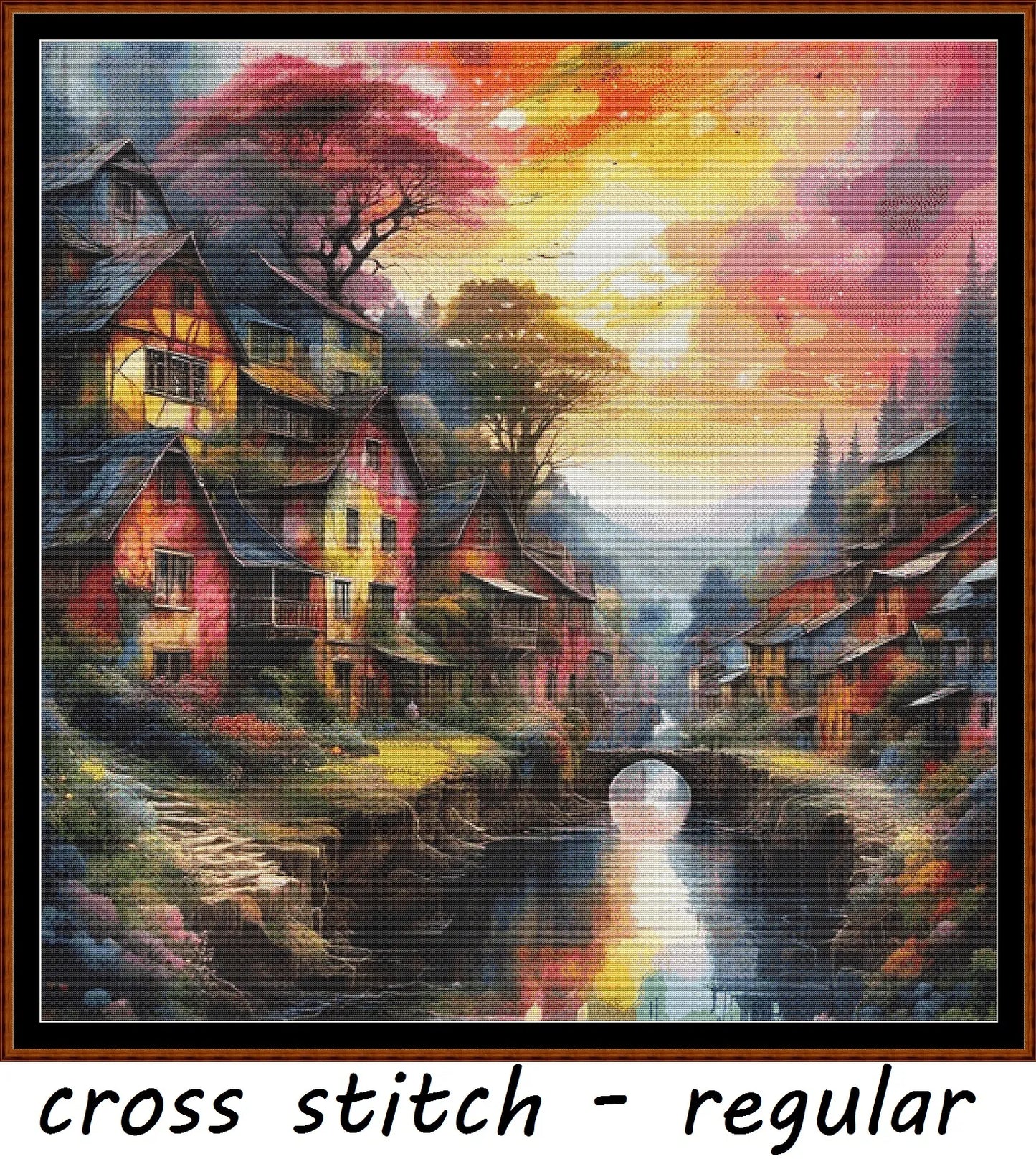 Expertly created from art by Nanne Tiggelman, under Public Domain CC0 license, Sunset On A River patterns. Sunset On A River is a fantasy scene pattern that comes as a full coverage pattern with no back-stitching. Additionally, Sunset On A River is available in 2 different design sizes - cross stitch regular & XL And each sale includes both B&W and colour charts