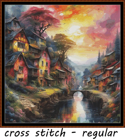 Expertly created from art by Nanne Tiggelman, under Public Domain CC0 license, Sunset On A River patterns. Sunset On A River is a fantasy scene pattern that comes as a full coverage pattern with no back-stitching. Additionally, Sunset On A River is available in 2 different design sizes - cross stitch regular & XL And each sale includes both B&W and colour charts