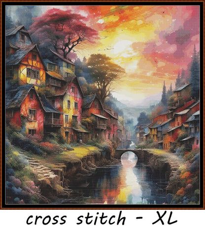 Expertly created from art by Nanne Tiggelman, under Public Domain CC0 license, Sunset On A River patterns. Sunset On A River is a fantasy scene pattern that comes as a full coverage pattern with no back-stitching. Additionally, Sunset On A River is available in 2 different design sizes - cross stitch regular & XL And each sale includes both B&W and colour charts
