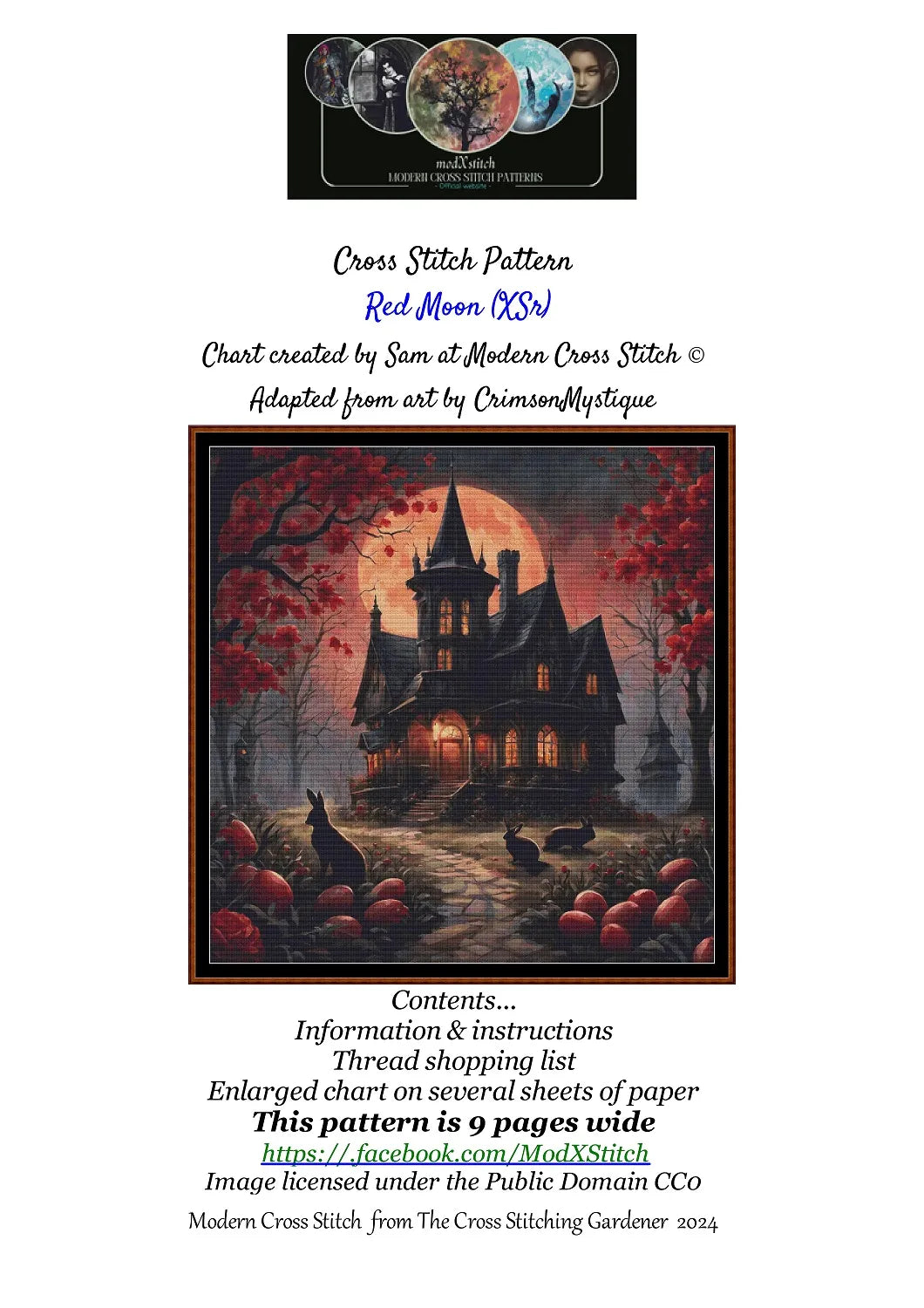 Expertly created from art by CrimsonMystique, under Public Domain CC0 license, Red Moon patterns. Red Moon is a witch pattern that comes as a full coverage pattern with no back-stitching. Additionally, Red Moon is available in 2 different design sizes - cross stitch regular & XL And each sale includes both B&W and colour charts